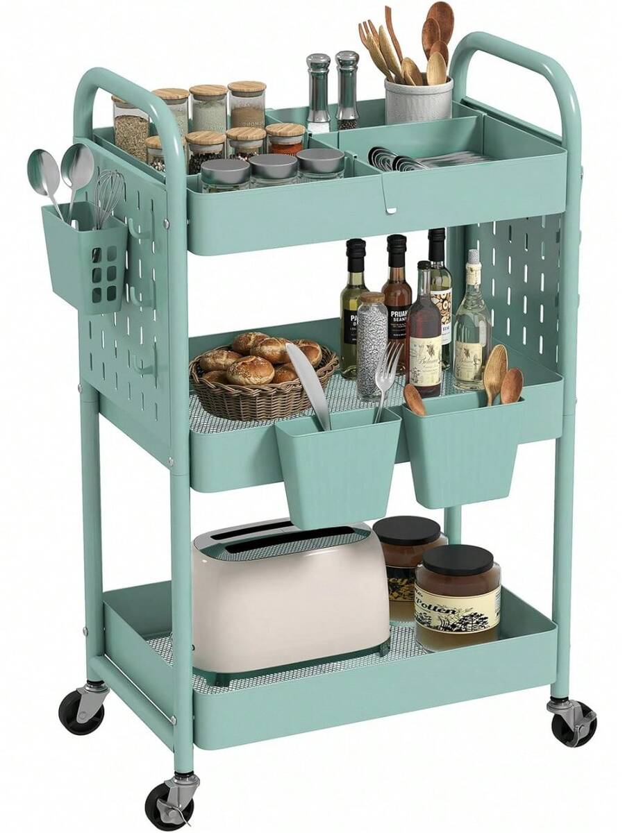 3 Tier Rolling Cart Metal Utility Cart With Wooden Table Top Drawer Hanging Cups Storage Cart For Kitchen Bathroom Office - Green - View 1