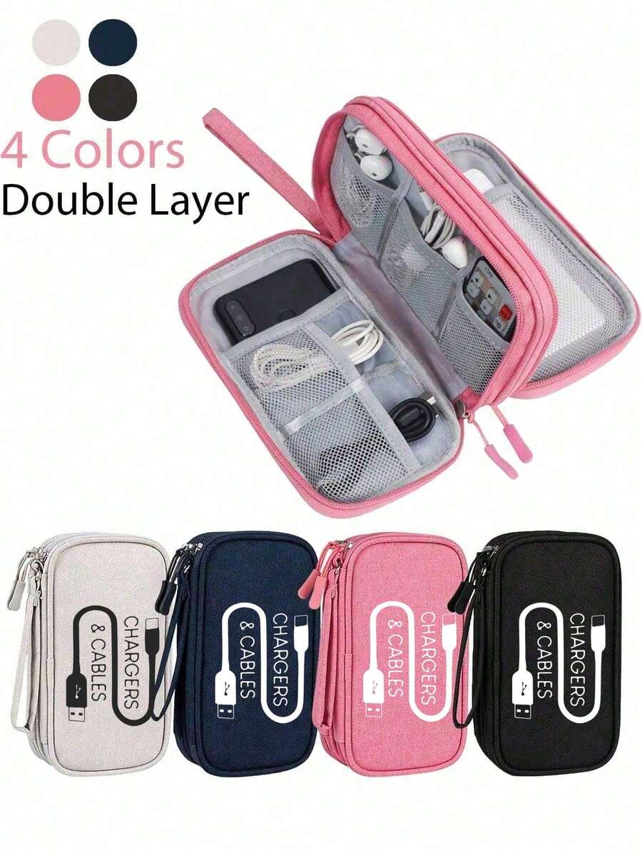便攜式數據線收納袋,卡通「CHARGERS& CABLES」字母圖案,適用於行動硬碟、行動電源、耳機、充電器、手機殼、無線藍牙耳機,適合商務旅行、學校、大學、辦公室、返校用品,大學生必備充電器收納/線材收納/行動電源/手機充電器,女性禮物,教師節,返校季 - 彩色 - 查看 1