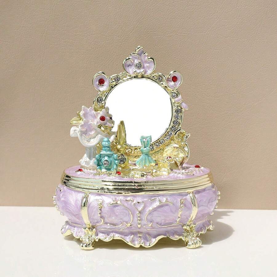 SUSUZUKU 1pc Enamel Craft Vanity Mirror Jewelry Box Vintage Gift For Girls Princess Mirror Jewelry Storage Box Alloy Princess Dressing Table Jewelry Box With Small Mirror Birthday Gift - Multicolor - View 1