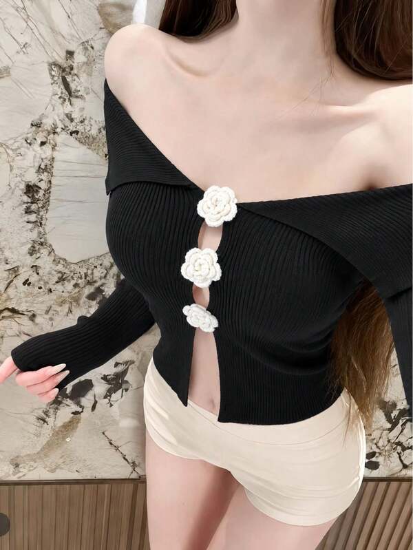 2026 Autumn/Winter New Ribbed Knit Off Shoulder Top With 3D Floral Decor, Sexy Hollow-Out Cropped Long Sleeve Sweater