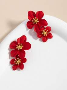 1 par de pendientes de flor de doble capa premium, pendientes colgantes minimalistas para niños - Rojo - Ver 4