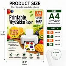 50 Sheets A4 Printable Vinyl Sticker Paper, Waterproof Glossy Adhesive Paper For Inkjet & Laser Printers, DIY Custom Labels, Decals And Stickers - Glossy PP - View 2