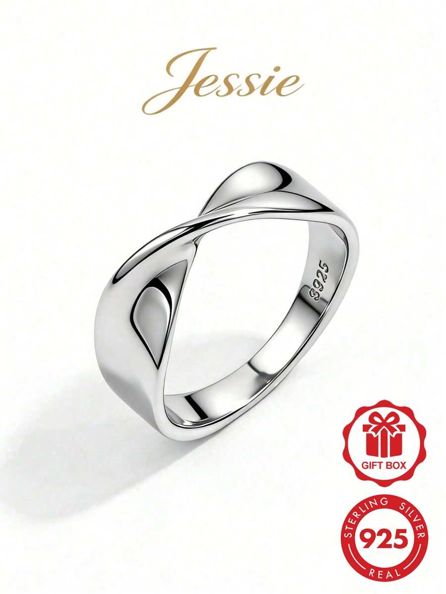 Jessie Jewelry 1pc Elegant & Fashionable Exquisite 925 Sterling Silver Infinity Mobius Loop Design Wide Band Ring, Suitable For Dating, Party, Daily Wear, Great Gift For Women - Silver - View 1
