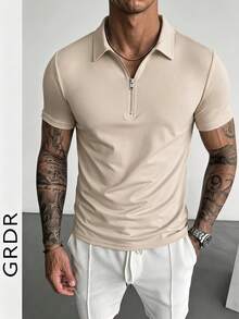 GRDR 男士夏季半拉链 Polo 领短袖 T 恤，适合户外休闲穿着 - 杏色 - 查看 7