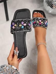 Women's Black Rhinestone Flat Slides, Square Toe Open Toe Slip-On Sandals, Shiny Crystal Summer Casual Mules - Black - View 6