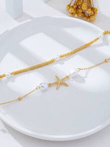 2pcs Fashionable Minimalist Sexy Metal Starfish Double Layer Chain Waist Chain, Suitable For Daily And Vacation Wear - Yellow Gold - View 5