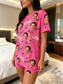 女款客製化人臉與文字睡衣套裝，白色，附個性化人臉、LOVE與愛心印花，柔軟面料，休閒風格，情侶禮物 - 玫紅色 - 查看 3