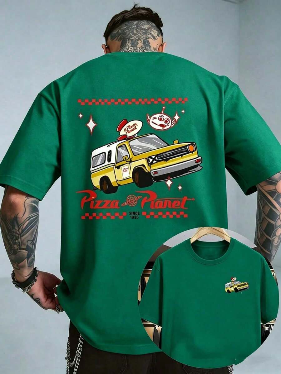 Camiseta para Hombre-Diseño Gráfico del Camión de Pizza Planet de,Camiseta de Manga Corta de Corte Holgado con Diseño Nostálgico de los Juegos de los 90 para Uso Casual y Fiestas Temáticas - Verde - Ver 1
