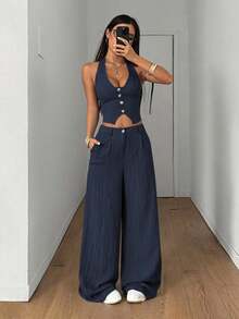 Conjunto de 2 piezas de chaleco y pantalones de unicolor de streetwear para mujer, para verano - Azul marino - Ver 1