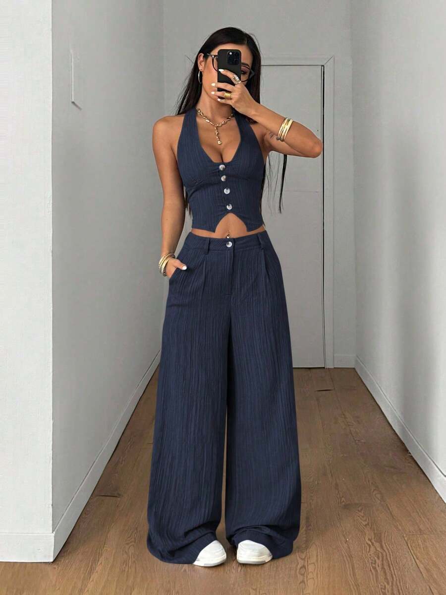 Conjunto de 2 piezas de chaleco y pantalones de unicolor de streetwear para mujer, para verano - Azul marino - Ver 1