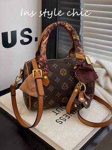 Minimalist Handbag With Accessories, Featuring Secure Zipper And Detachable Crossbody Strap, Ideal For Errands, Brunch, Or Travel, Perfectly Blending Timeless Print With Everyday Functionality - Brown - View 2