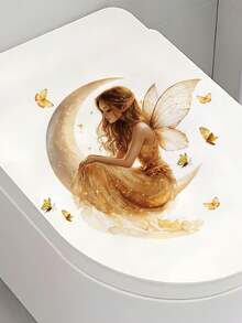 1pc Healing Fairy Tale Style Toilet Decor Sticker, Forest Flower Fairy/Moonlight Fairy Design, Waterproof Removable Bathroom Wall DIY Renovation Style Sticker - Wall Stickers - View 5