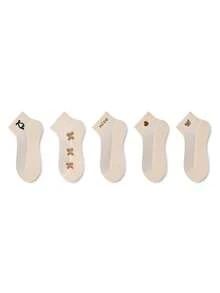 ZUJO 5雙裸色透明女款短襪，字母花朵愛心蝴蝶結圖案，舒適透氣，適合春、秋、夏季 - 查看 5