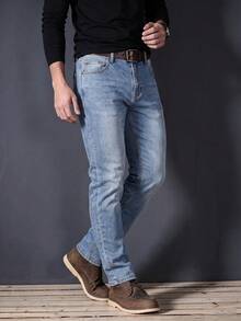 Men's Casual Light Blue Slim Straight Leg Jeans, Everyday Commute All-Season Versatile All-Match Denim Pants - Light Wash - View 2