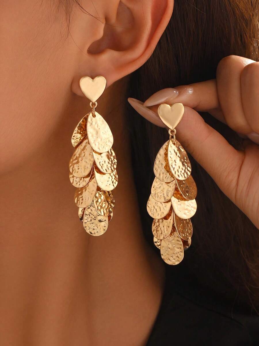 2pcs Fashion Metal Heart Multi-Layer Water Drop Tassel Pendant Earrings, Premium Personalized Earrings For Women, Suitable For Beach, Vacation, Date, Party, Music Festival, Daily Wear, Exquisite Ear Jewelry - Gold - View 1
