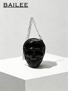 BAILEE Personalized Punk Style Halloween Theme Solid Color Silicone Skull Bag, Metal Chain Design, Great Gift - Black - View 2