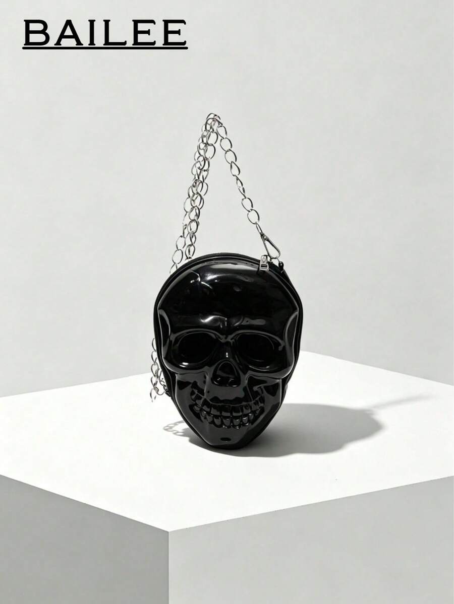 BAILEE Personalized Punk Style Halloween Theme Solid Color Silicone Skull Bag, Metal Chain Design, Great Gift