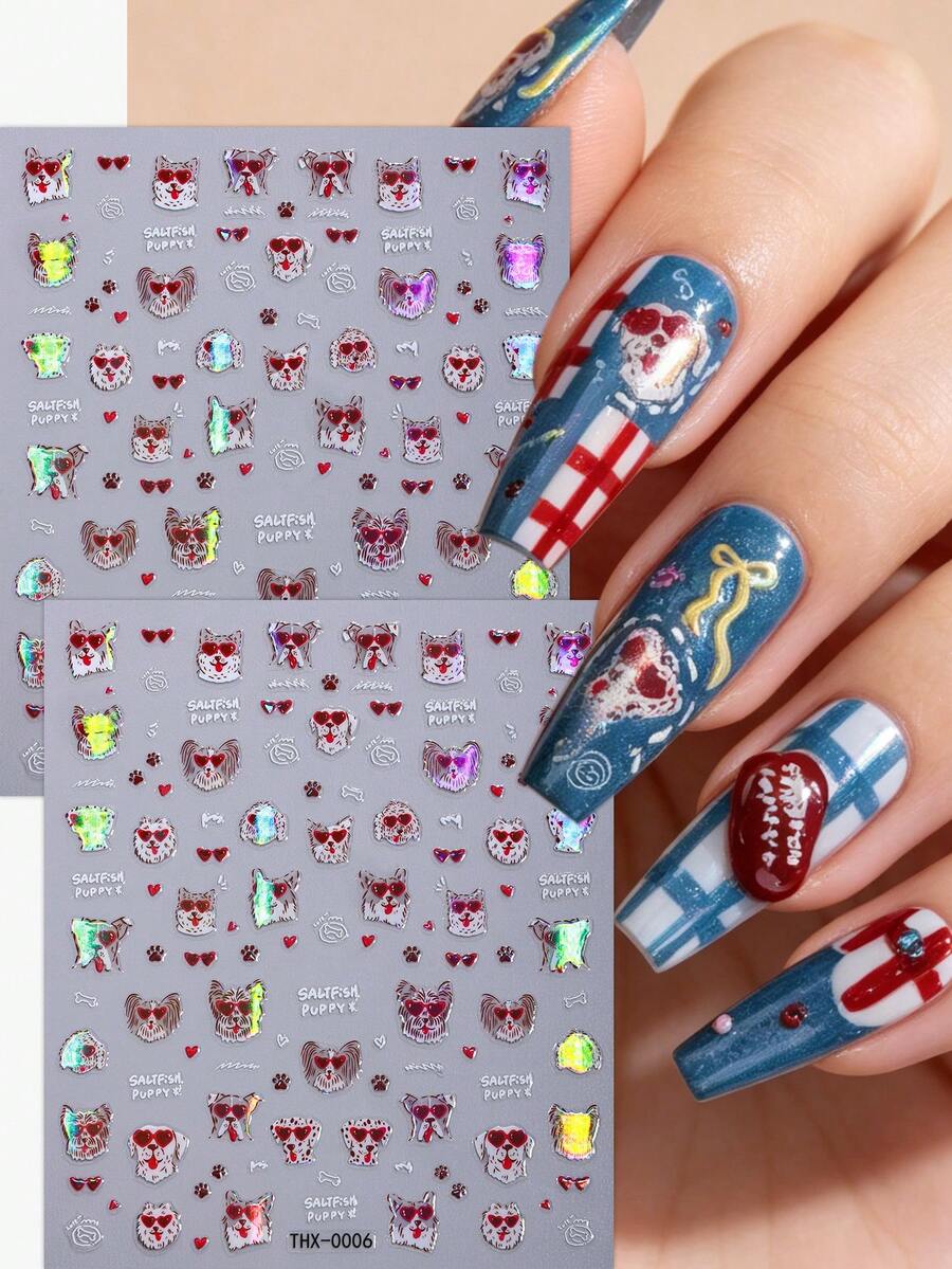 2 Buah Stiker Kuku Anjing Kartun, Stiker Kuku Laser Warna-warni Keren. Sempurna untuk Perjalanan Liburan Wanita dan Manikur DIY untuk Acara Prom. - MultiWarna - View 1