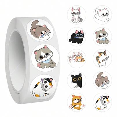 500 piezas Rollo de pegatinas de gatito con cuchillo, 10 estilos, pegatinas estéticas, pegatinas de alta calidad para álbum de recortes, diario, portátil, parachoques, patineta, botellas de agua, maleta, papel decorativo, refrigerador, coche, libro de planificación, pegatinas de recompensa