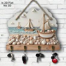 2D Flat, 1pc, 2D Flat "Sailboat Shell Beach Pattern" Wooden Multi-Functional Home Key Hook (11.8"X9"), With 4 Metal Hooks, Wall Decor, Porch, Room, Villa Decor, Kitchen Tool Hook, All Season Home Decor, 2D Flat, Suitable For 11 Holidays Including Christmas Holiday Decor - Multicolor - View 4