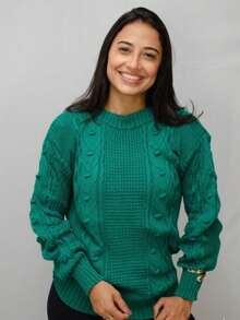 Women's Green Ribbed Sweater With A Crew Neck And Wrist-Length Sleeves, Made From A Warm, Medium-Stretch, Wool-Like Fabric, Ideal For Winter. - 綠色 - 查看 1