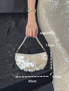女款晚宴手拿包 半月貝殼亮片串珠珍珠鍊肩背包 復古優雅派對婚禮手提包 - 米色 - 查看 5