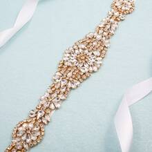 1pc Handmade Rhinestone Bridal Belt, Women's Rhinestone Wedding Dress Accessory - Gold Applique + White Ribbons - View 4