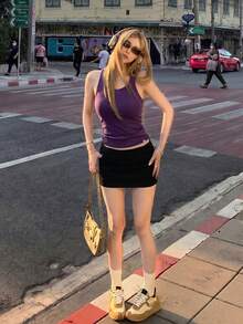 Yorily 女款休閒日常通勤極簡純色修身掛脖上衣，夏季，美學風格 - 紫色 - 查看 4