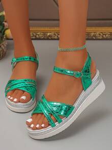 Women's Wedge Platform Sandals, Solid Color Beach Buckle Comfortable Height-Increasing Versatile Open Toe Summer Vacation Sandals - Green - View 5