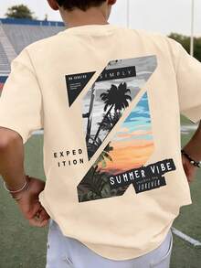 1pc Boys' Summer Coconut Tree Print Oversized Short Sleeve T-Shirt - Apricot - View 1