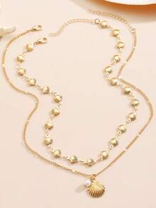 1 Set Elegant Personalized Bohemian Ocean Style Women's Necklace Set, Multi-Layer Stackable Adjustable Chain, Faux Pearl Shell Pendant Necklace, Suitable For Summer Travel Beach Vacation, Commemorative Gift For Friends, Family, Couples, Women, Jewelry Accessories - Gold 2 - View 4