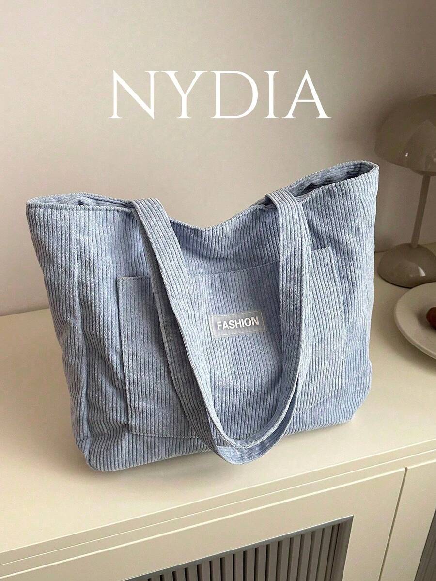 Corduroy Large Capacity Solid Color Minimalist Tote Bag - Baby Blue - View 1