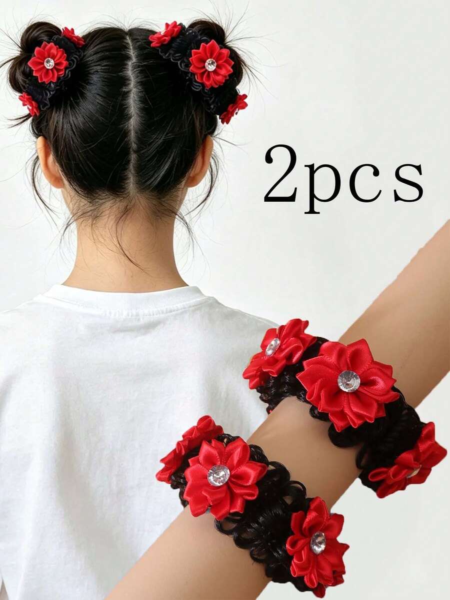 2入女童開學季髮髻髮圈,水鑽花朵裝飾,適合日常穿搭或度假使用 - 紅色 - 查看 1