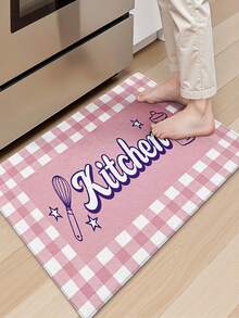 1 pieza, Alfombra de cocina de estilo Ins innovadora con cuadros rosa y blanco, alfombra de cocina de lujo nórdico con letras, alfombra de cocina, alfombra antideslizante larga para pies con estilo femenino, alfombra de pasillo de cocina con utensilios de cocina de dibujos animados - Material de franela suave, cómodo y resistente a las manchas, peso aprox. 850g/㎡ - Perfecta para decoración del hogar, alfombra de cocina, alfombra de cocina, alfombra de sala de estar, alfombra de dormitorio, alfombra de lado de la cama, alfombra de estudio, alfombra de comedor, alfombra de baño - Multicolor - Ver 10