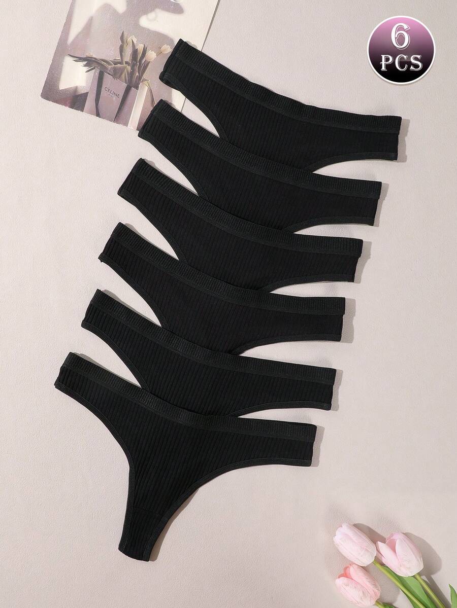 6pcs/Set Ribbed Comfortable G-String T-Back Seamless Thong Panties, Sexy Comfortable Triangle Briefs For Women