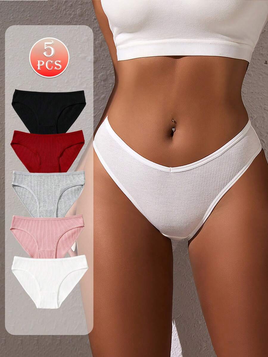 5pcs Pack Women's Ribbed Panties, High Elasticity Solid Color Letter Design Low Waist Briefs