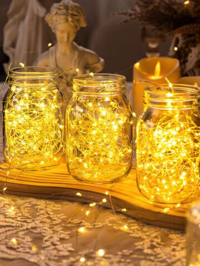 1pc 50/100 LED Fairy Lights, Warm White Battery Box Copper Wire String Lights, Battery Powered (Batteries Not Included), DIY Fairy String Lights, 8 Lighting Modes, Suitable For Party, Holiday Decoration, Room Decoration, Wedding Confession, Garden Patio, Camping Atmosphere Lighting