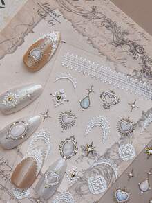 Autocollants pour ongles d'été avec motif de dentelle vintage baroque en relief, décoration d'ongles minimaliste avec cœur français et gemme - Multicolore - Voir 6