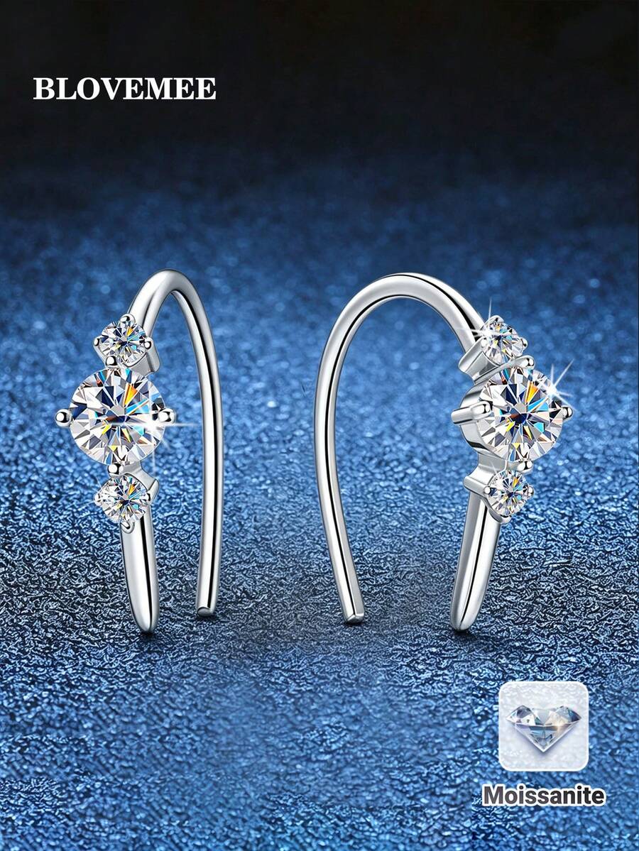 BLOVEMEE 2pcs Fashionable Luxury 925 Silver 4.0mmX2pcs 2.0mmX4pcs Total 0.8ct Moissanite Earrings, Suitable For Women's Daily Wear, Party, Vacation, Mother's Day, Wedding, Anniversary, Birthday, Shiny Jewelry Gift - Silver - View 1