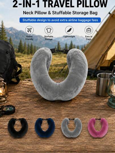 Innovative Travel Pillow To Hold Clothes As Cushion Filler Neck Pillow For Stress Relief Lightweight Compact Stuffable Pillow For Car Road Trips And Overnight Camping Soft Washable Fabric Convenient Travel Accessories U-Shaped Pillow, Camping Pillow