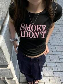 女款圓領短袖T恤，夏季新款字母印花，美式辣妹風，時尚休閒百搭修身短版上衣 - 高級黑 - 查看 9
