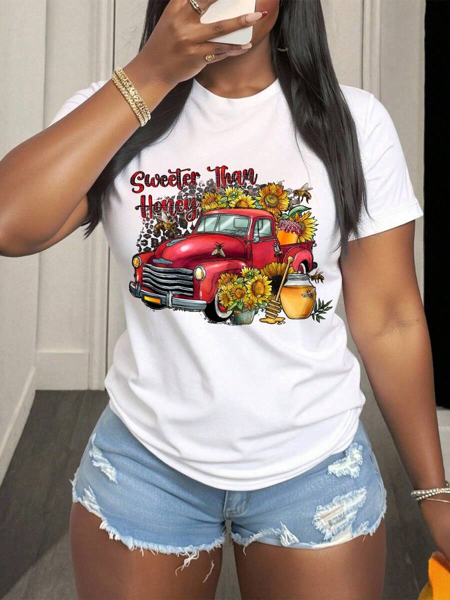 Sunflower Truck Honey Sweetie Farm Vintage Car Graphic Tee Summer Country Style Women's Casual Shirt - 白色 - 查看 1
