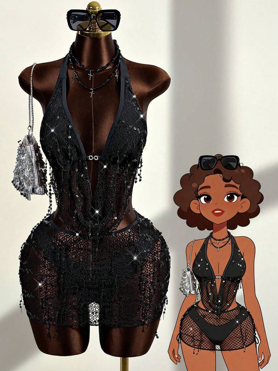 Zestiva Conjunto de traje de baño de 3 piezas con diseño de escote profundo, con lentejuelas, flecos y tela elegante y sexy, estilo de playa, fiesta y resort para mujer - Negro - Ver 1
