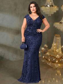 BluePlum Sommer Hochwertiges elastisches Pailletten V-Ausschnitt Kurzarm Slim Fit Fischschwanz Saum Design, Große Größen einfarbig elegant luxuriös langes Kleid Party Hochzeit - Blau - Übersicht 2