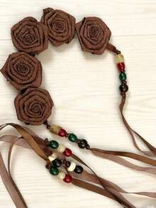 1pc Women's Bohemian Floral Waist Belt, Brown Fabric Rose With Colorful Beaded Ribbon Tie, Adjustable Waist Chain, Suitable For Daily And Party Wear - Multicolor - View 4
