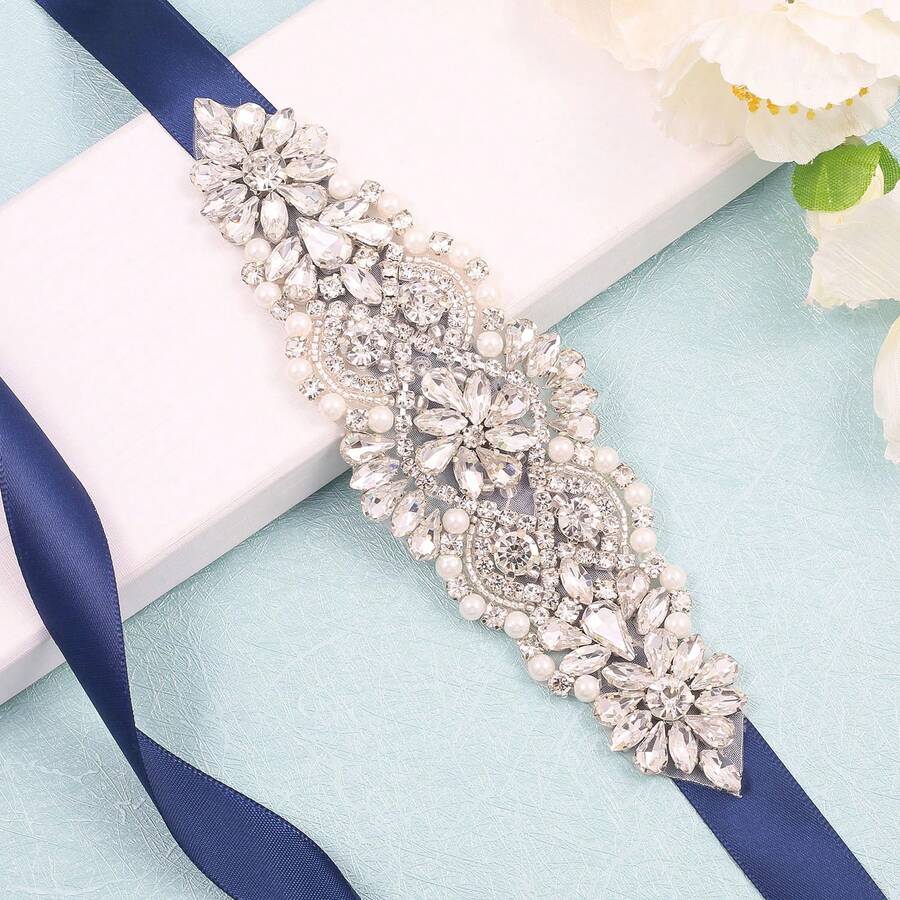 1pc Rhinestone Handmade Bridal Belt - Sliver Applique+Navy Blue Ribbons - View 1