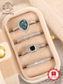 4 pièces Ensemble de bagues avec pierres en zirconium cubique, avec boîte cadeau, convient aux femmes, applicable pour mariage, fiançailles, anniversaire, Saint-Valentin et plus - 1# - Voir 12