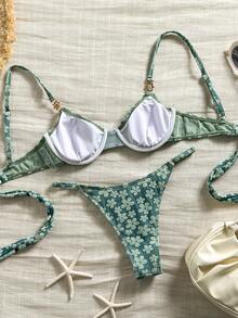 Bikinx Women's Floral Textured Fabric Bikini Set, Spaghetti Strap Underwire Lace-Up Backless Bikini Set, Gold Floral Decoration Summer - Dark Green - View 5