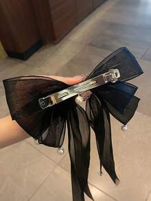 MH 1pc/2pcs Elegant Ribbon Bow Hair Clip Spring Clip Minimalist Mesh Pearl Pendant Hair Accessory Styling Tool,Claw Clips - Multicolor - View 5