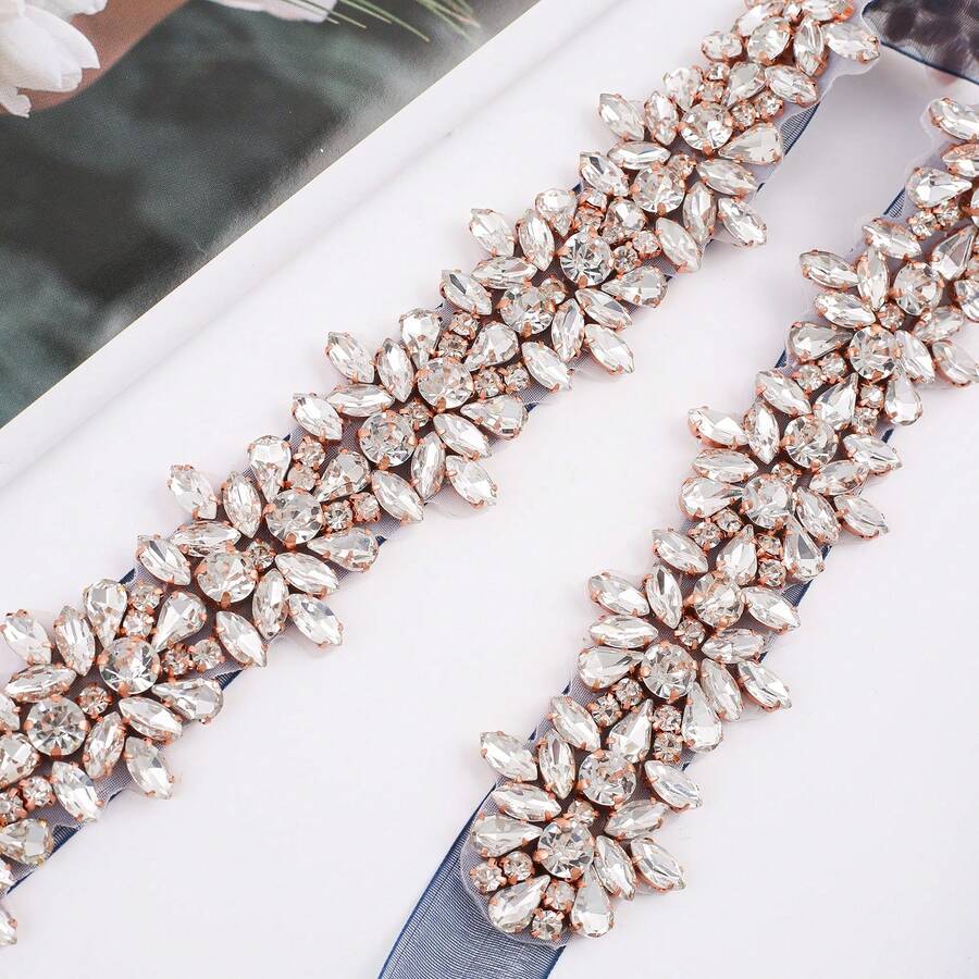 1pc Luxury Bridal Handmade Rhinestone Beaded Waist Belt Sash For Wedding Party - Rose Gold Applique+Organza Navy Ribbon - View 1